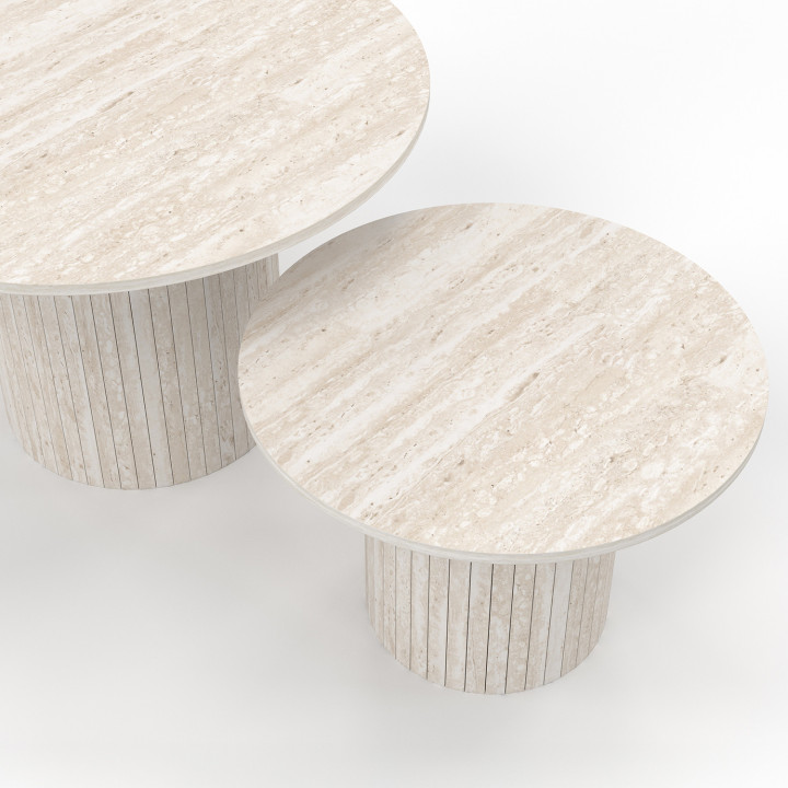 Set di 2 tavolini tondi JULIETTE 50/70 con effetto doghe in travertino