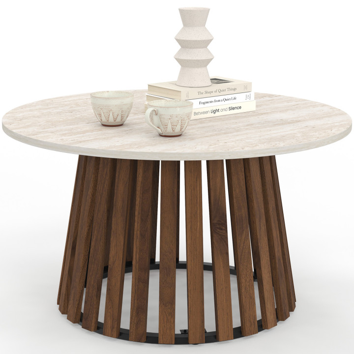 Ronde salontafel CARMEN 70 cm met poten van walnoothout en een blad van travertin