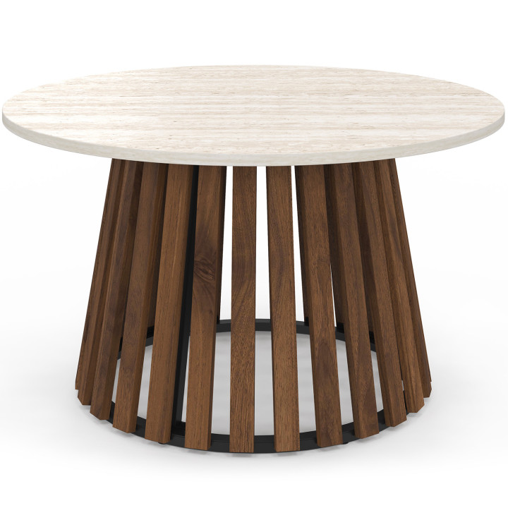 Ronde salontafel CARMEN 70 cm met poten van walnoothout en een blad van travertin
