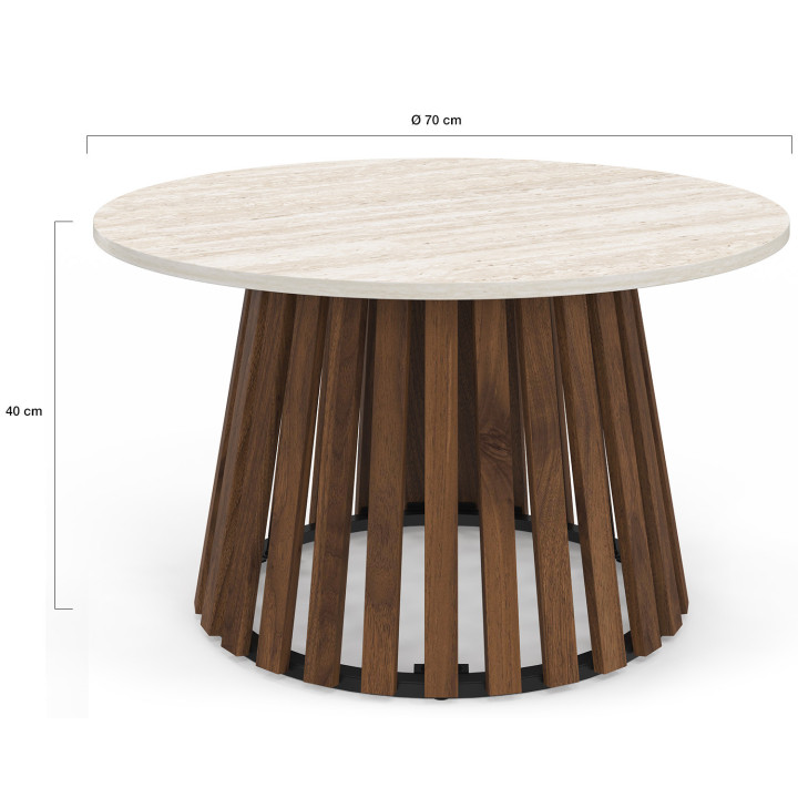 Mesa de centro redonda CARMEN de 70 cm con patas de madera efecto nogal y tablero de travertino