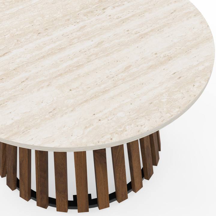 Mesa de centro redonda CARMEN de 70 cm con patas de madera efecto nogal y tablero de travertino