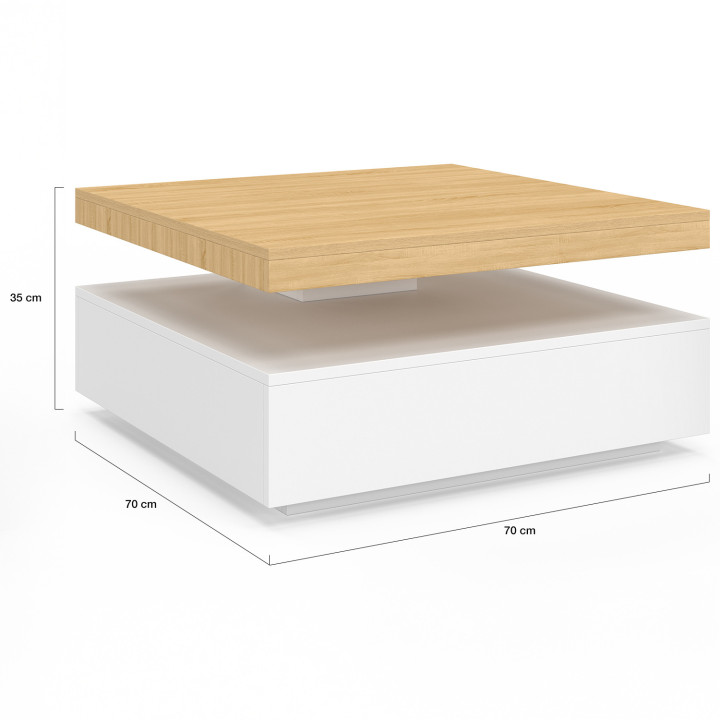 Tavolino quadrato girevole THEA 70 cm legno e bianco