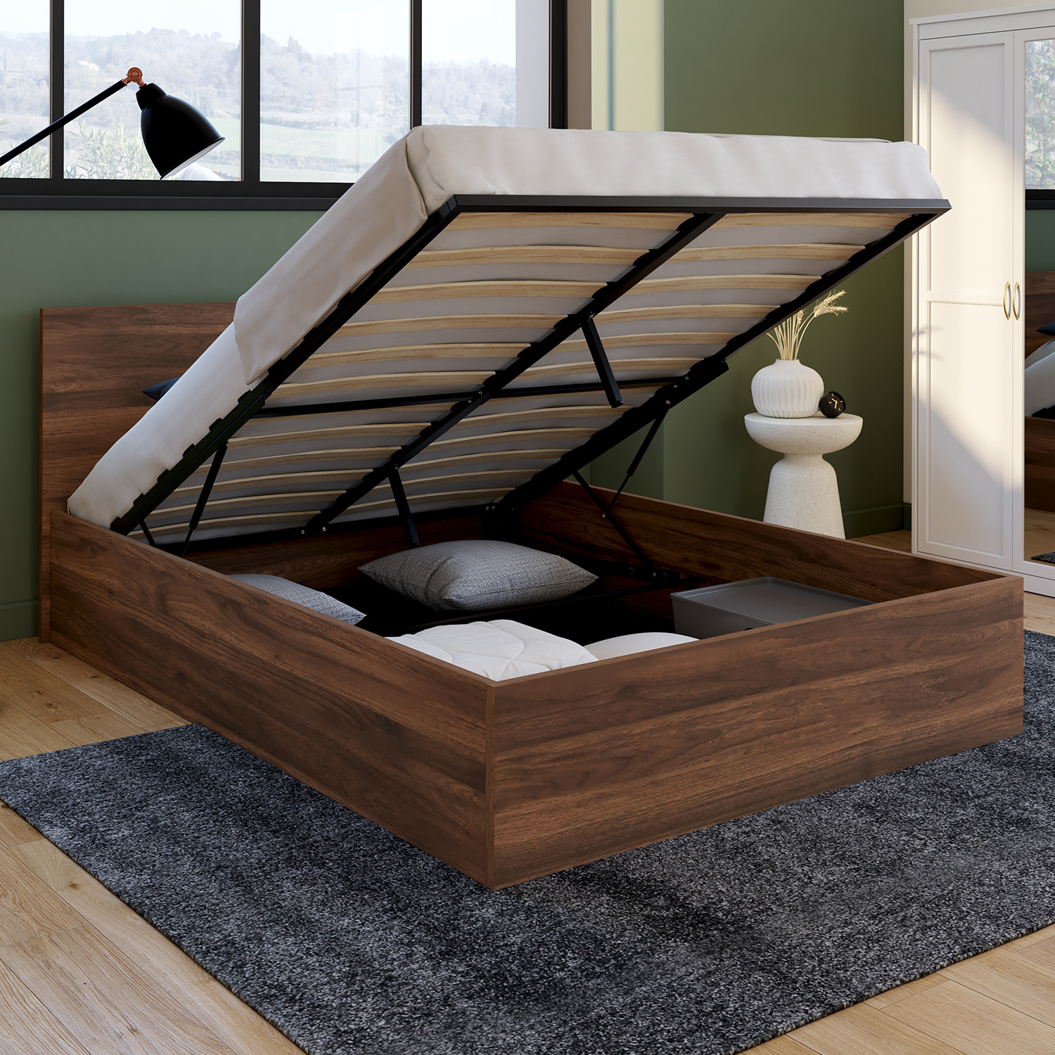Lit coffre double avec tête de lit et sommier 140 x 190 cm effet noyer