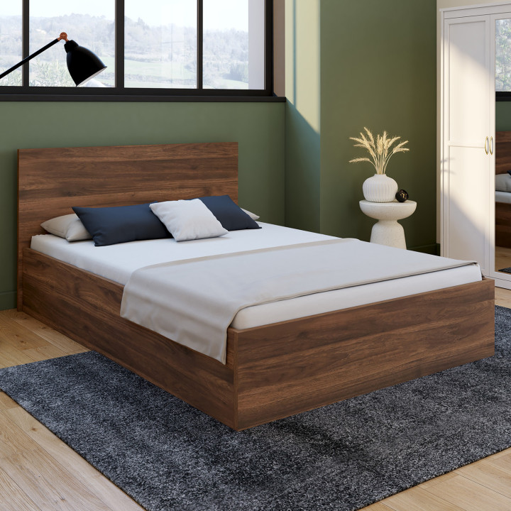 Cama de matrimonio SEASIDE con cabecero y somier de 140 x 190 cm efecto nogal