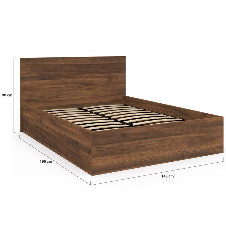 SEASIDE tweepersoons commodebed met hoofdeinde en 140 x 190 cm lattenbodem in walnooteffect