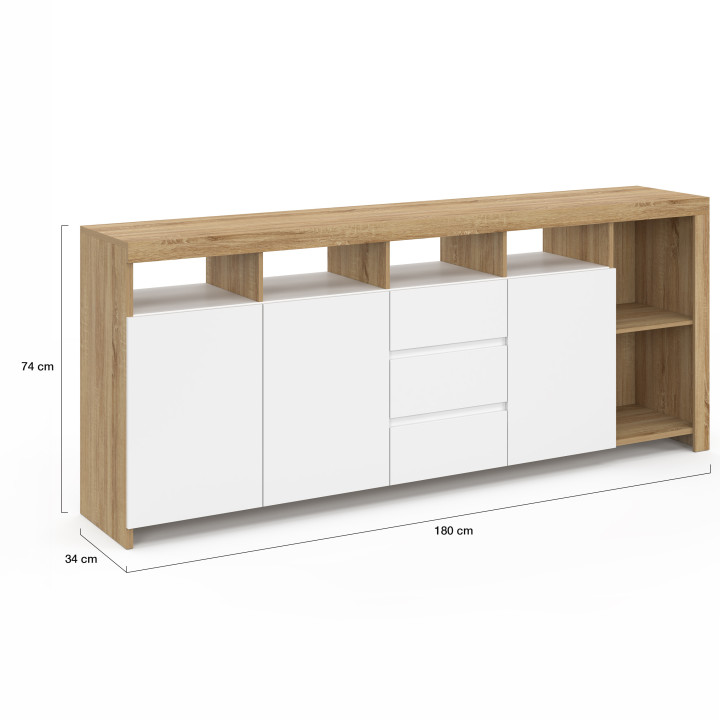 Credenza MALO 180 cm in legno effetto faggio bianco con 3 ante e 3 cassetti