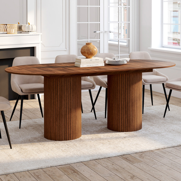 Tavolo da pranzo ovale allungabile JULIETTE 6-10 persone gambe cilindriche doghe in legno colore noce 160-200 cm