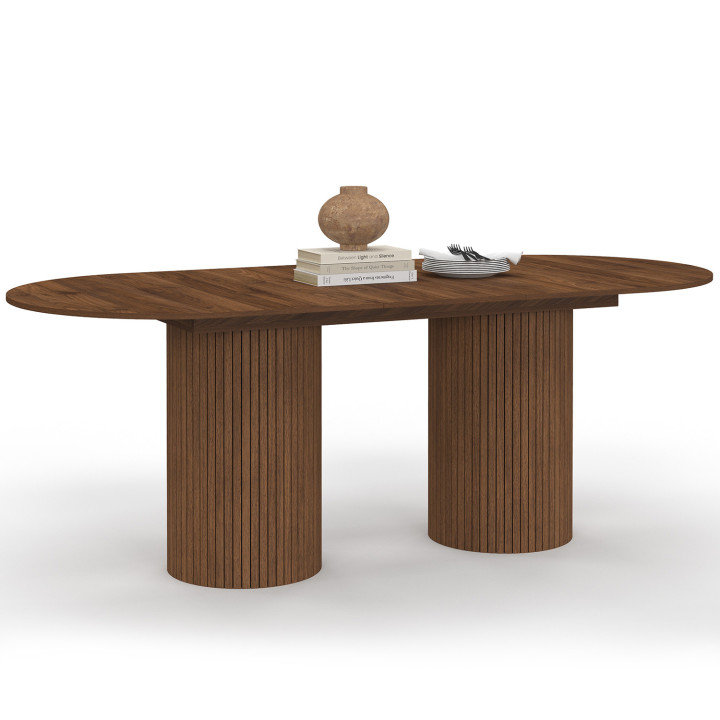 JULIETTE ovale uitschuifbare eettafel 6-10 personen cilindrische poten houten latten walnootkleur 160-200 cm