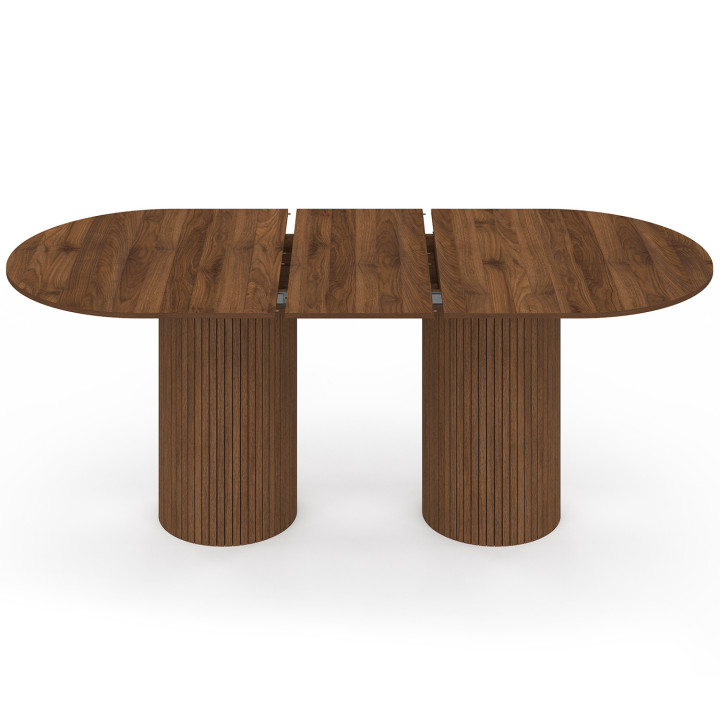 JULIETTE mesa de comedor extensible ovalada 6-10 personas patas cilíndricas listones de madera color nogal 160-200 cm