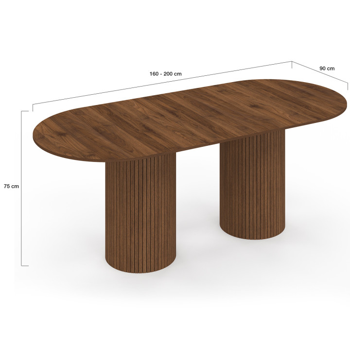 Tavolo da pranzo ovale allungabile JULIETTE 6-10 persone gambe cilindriche doghe in legno colore noce 160-200 cm