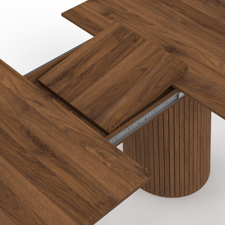 JULIETTE mesa de comedor extensible ovalada 6-10 personas patas cilíndricas listones de madera color nogal 160-200 cm