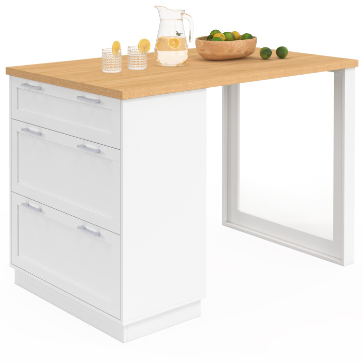VITO 130 cm Casseruola a isola bianca a 3 cassetti con piano in legno, 4 persone