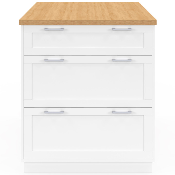 VITO 130 cm Casseruola a isola bianca a 3 cassetti con piano in legno, 4 persone