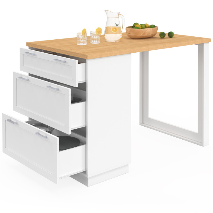 VITO 130 cm Casseruola a isola bianca a 3 cassetti con piano in legno, 4 persone