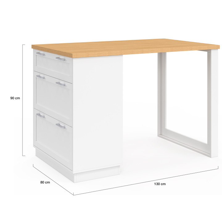 VITO 130 cm Casseruola a isola bianca a 3 cassetti con piano in legno, 4 persone