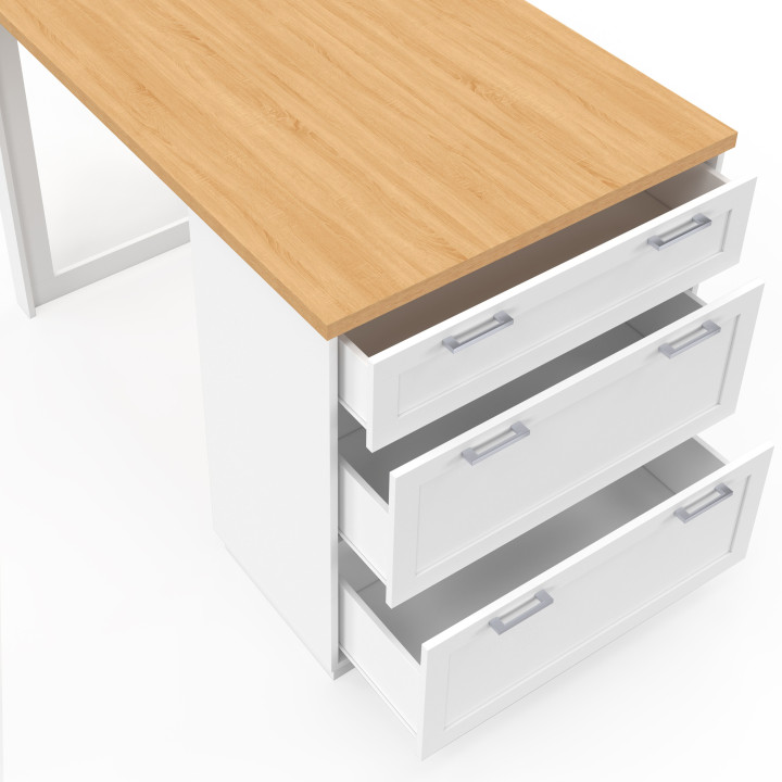 VITO 130 cm Casseruola a isola bianca a 3 cassetti con piano in legno, 4 persone