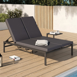Lit bain de soleil double 185 cm métal avec matelas gris