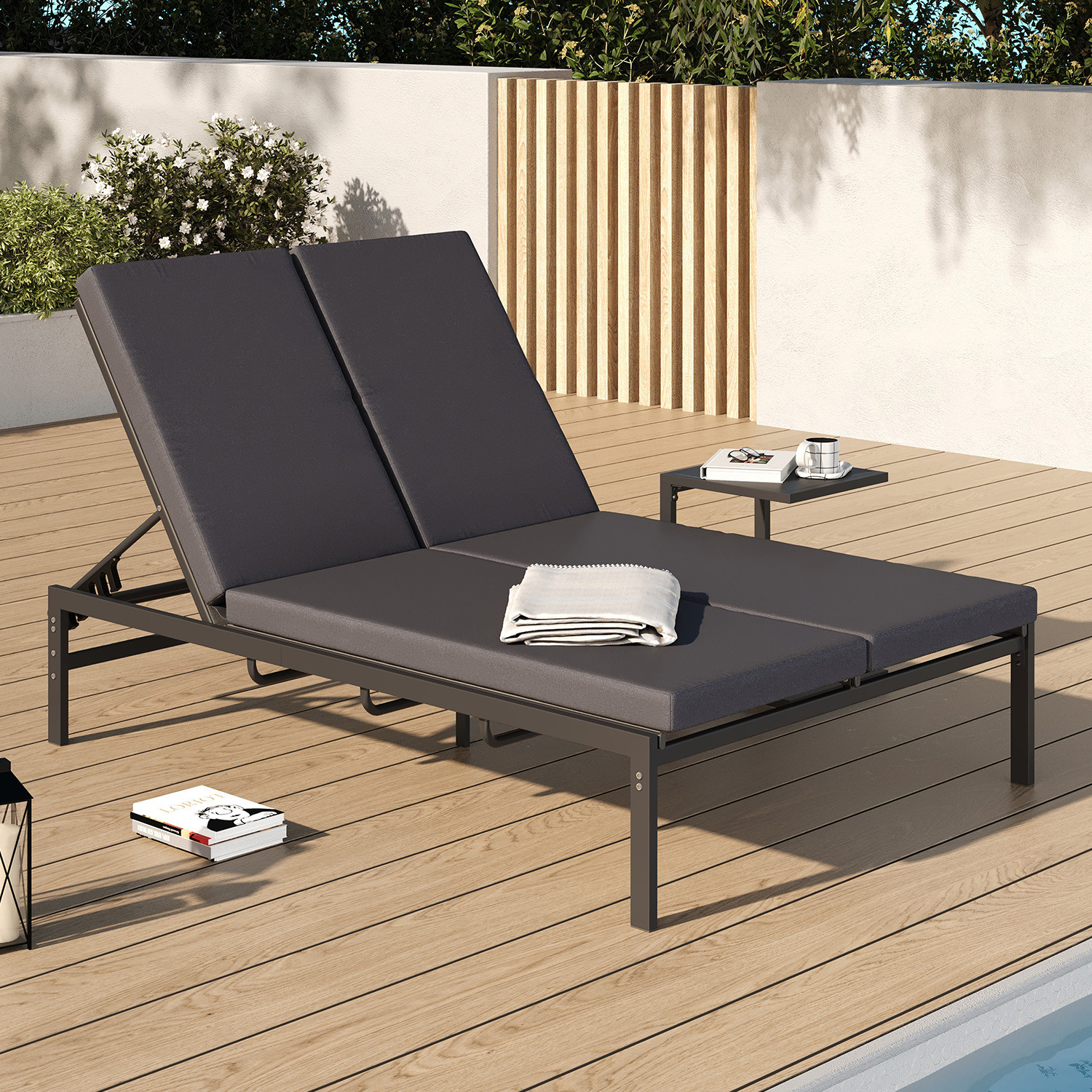 Lit bain de soleil double 182 cm métal avec matelas gris
