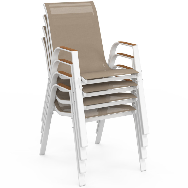 Lot de 4 chaises de jardin NOUMEA métal et textilène empilables blanc et bois