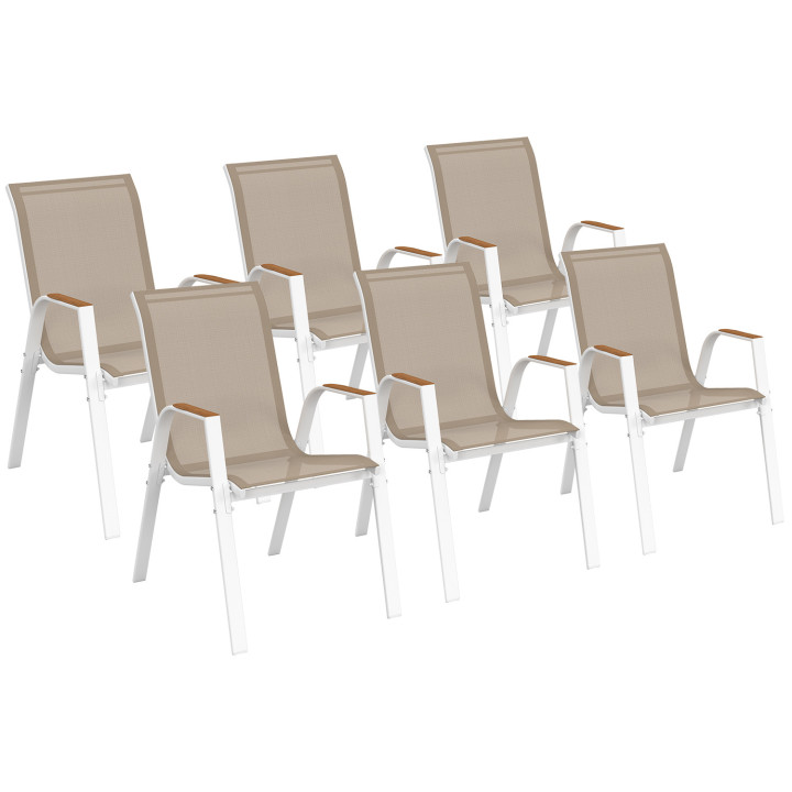 Set di 6 sedie da giardino impilabili NOUMEA in metallo e textilene, bianco e legno