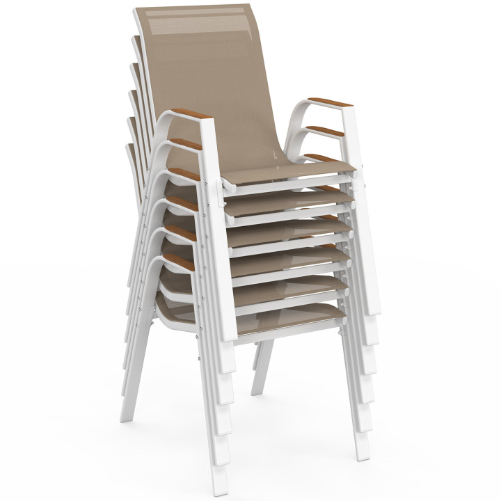 Set di 6 sedie da giardino impilabili NOUMEA in metallo e textilene, bianco e legno