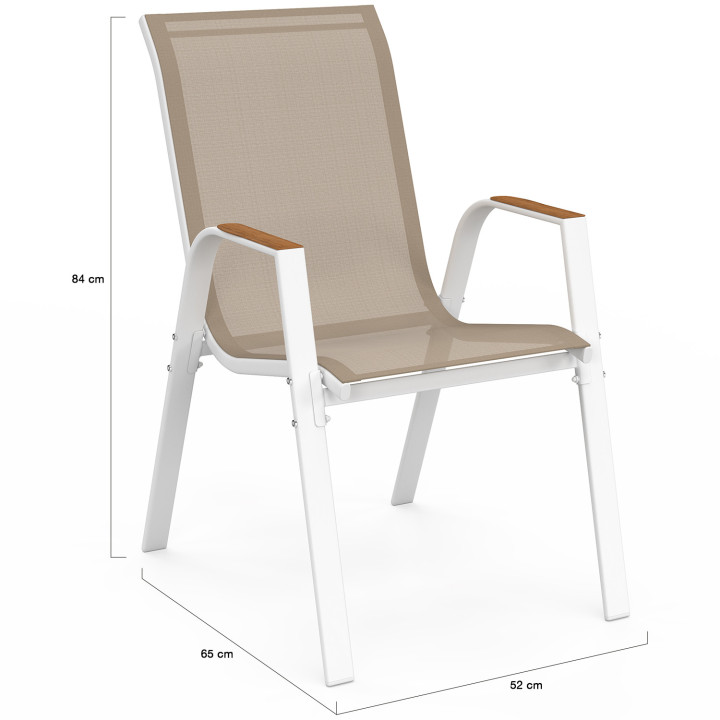 Lot de 6 chaises de jardin NOUMEA métal et textilène empilables blanc et bois