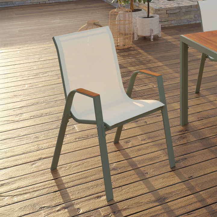 Lot de 6 chaises de jardin NOUMEA métal et textilène empilables vert et bois