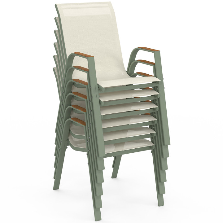 Set van 6 NOUMEA metalen en textilene tuinstoelen, groen en hout