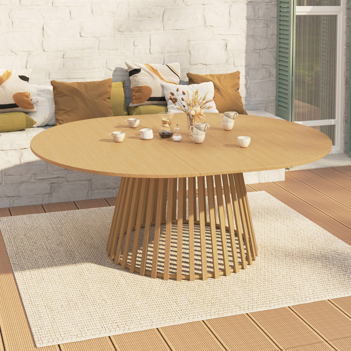 SOLAL ronde tuin-eettafel, uitschuifbaar 160-200 cm, 6-10 zitplaatsen, met metalen lattenpoten met houteffect