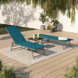 Lot de 2 transats de jardin inclinables KAILUA en acier gris anthracite et toile bleu canard