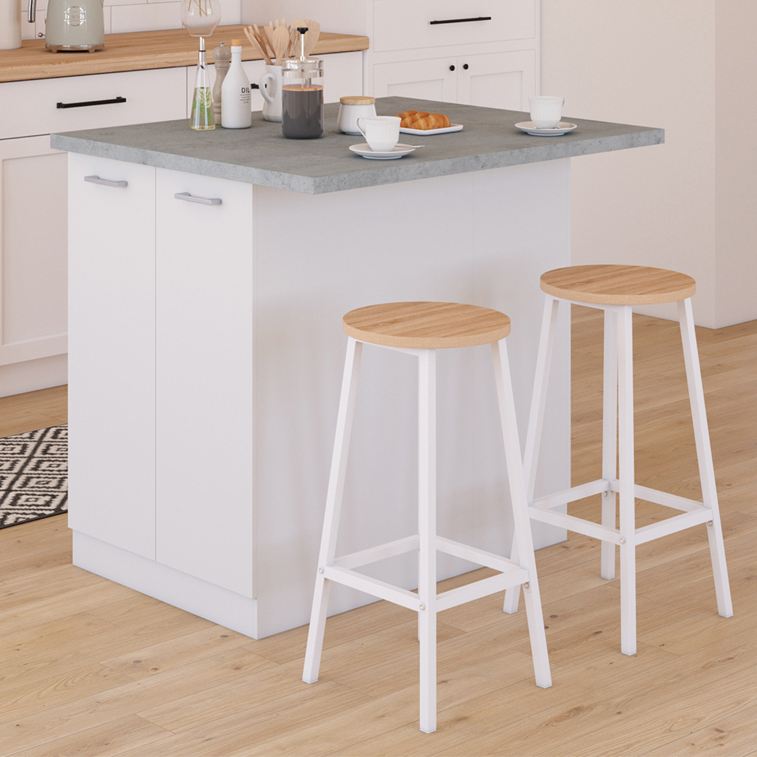 Îlot de cuisine blanc et plateau façon béton