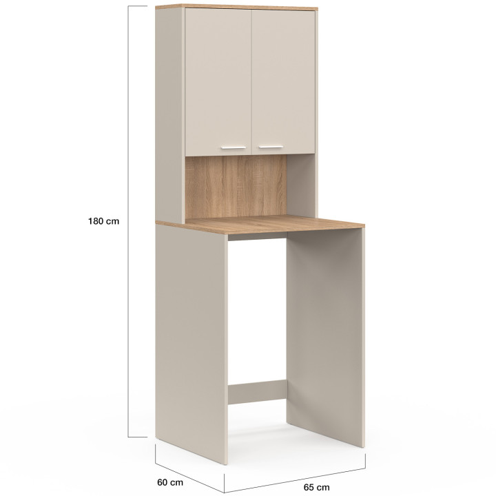 Meuble dessus de machine à laver WALLIS avec placard beige et bois façon hêtre
