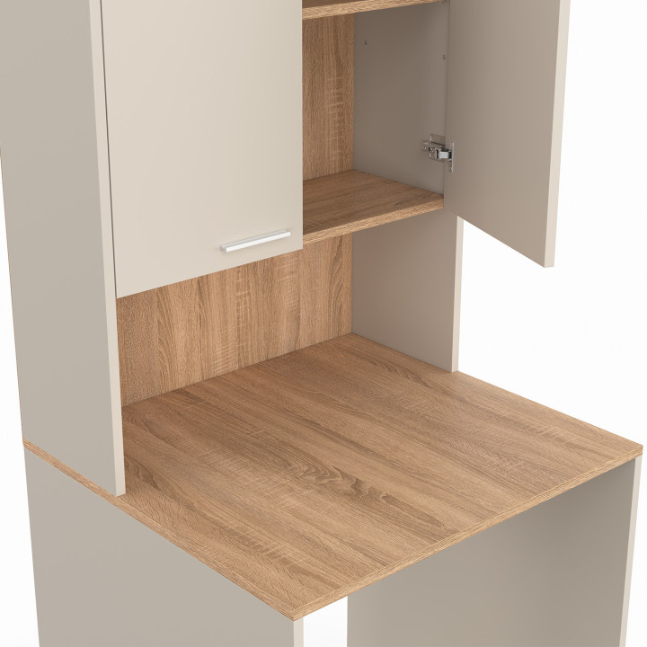 Waschmaschinenoberschrank WALLIS mit beigem Schrank und Holz in Buchenoptik