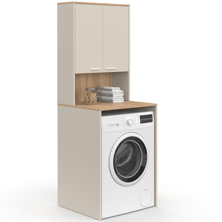 Mueble superior para lavadora WALLIS con armario de madera beige y efecto haya