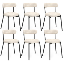 Set van 6 MIKI-stoelen met gebogen rugleuning van ecru chenille-stof en zwarte metalen poten