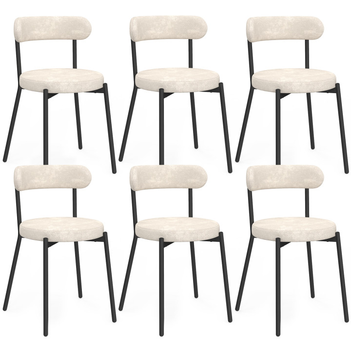 Set van 6 MIKI-stoelen met gebogen rugleuning van ecru chenille-stof en zwarte metalen poten