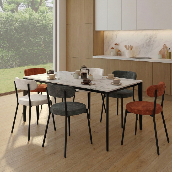 Lot de 6 chaises MIKI arrondis en tissu chenille mix color terracotta x2, écru x2, gris foncé x2 pieds en métal