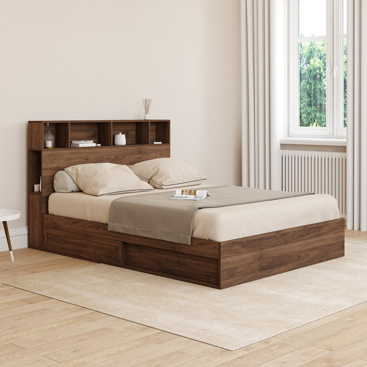 Letto matrimoniale CLEM con contenitore + testata e rete effetto noce 140 x 190 cm