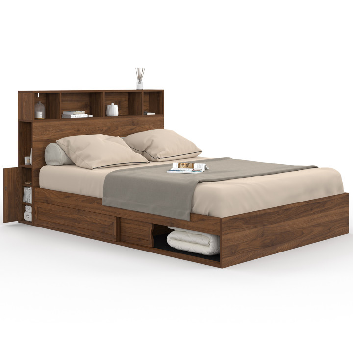 Letto matrimoniale CLEM con contenitore + testata e rete effetto noce 140 x 190 cm