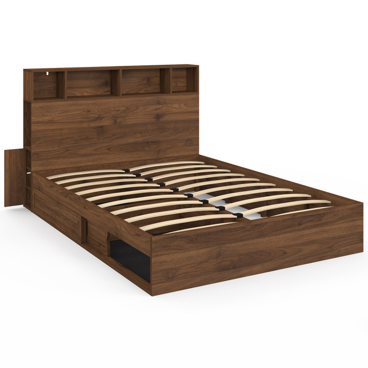 Letto matrimoniale CLEM con contenitore + testata e rete effetto noce 140 x 190 cm
