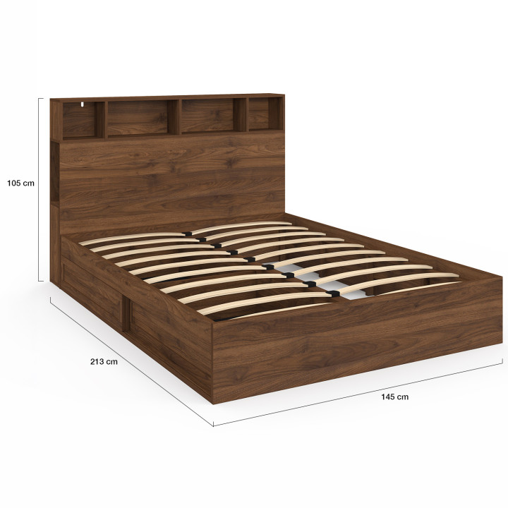 Letto matrimoniale CLEM con contenitore + testata e rete effetto noce 140 x 190 cm