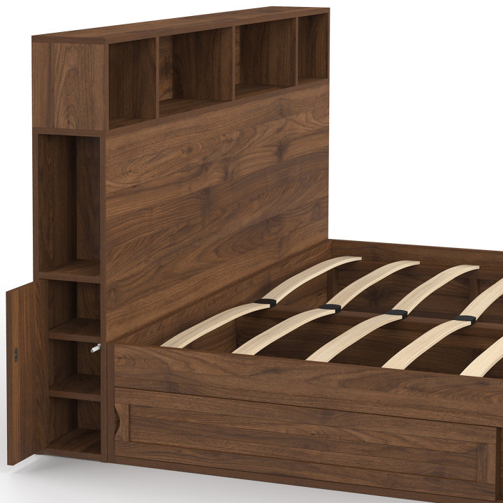 Letto matrimoniale CLEM con contenitore + testata e rete effetto noce 140 x 190 cm