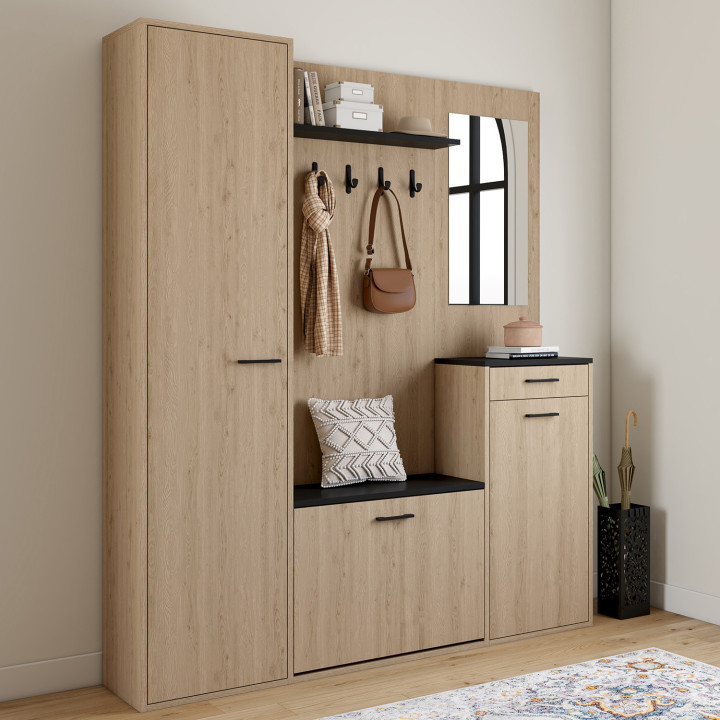 Ensemble vestiaire d'entrée MAHAUT meuble à chaussures avec rangement et miroir