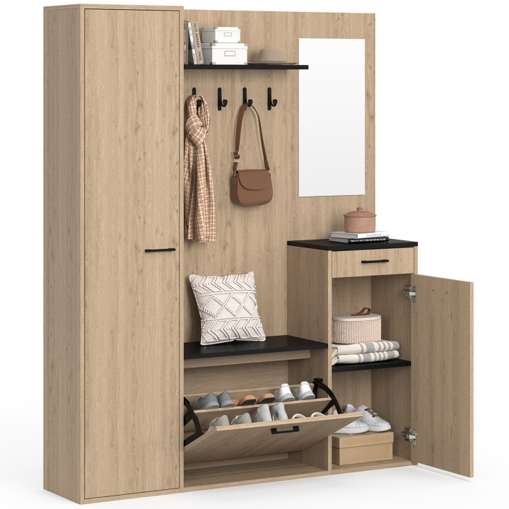 Garderobe für den Eingangsbereich zur Schuhaufbewahrung mit Spiegel und Regalen MAHAUT XXL maxi Kapazität Holz- und Schwarzeffek
