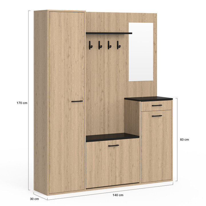 Garderobe für den Eingangsbereich zur Schuhaufbewahrung mit Spiegel und Regalen MAHAUT XXL maxi Kapazität Holz- und Schwarzeffek
