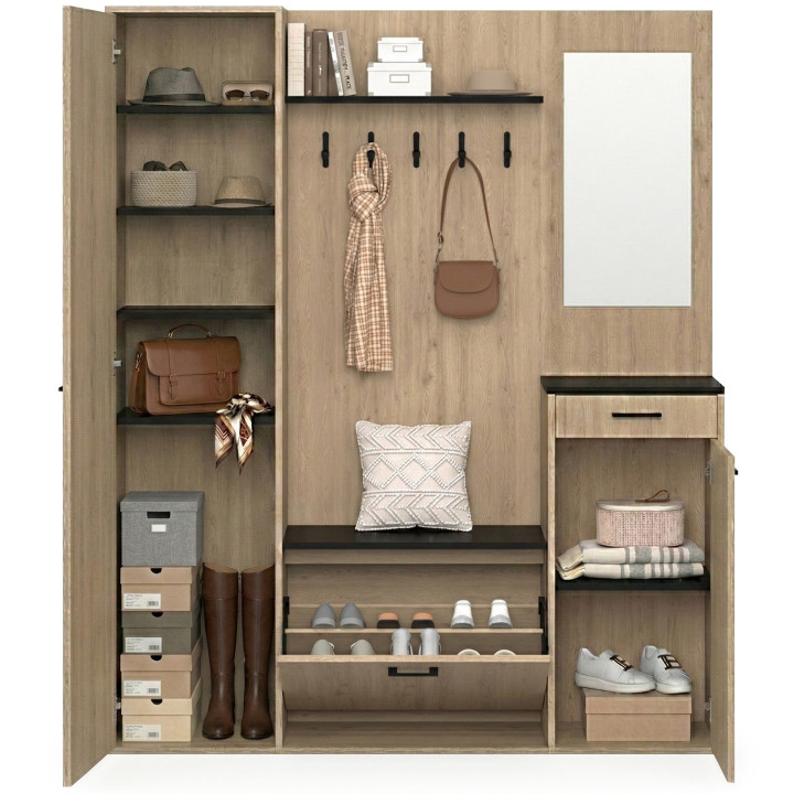 MAHAUT XXL maxi capaciteit hout en zwart effect gang schoen opbergkast met spiegel en planken