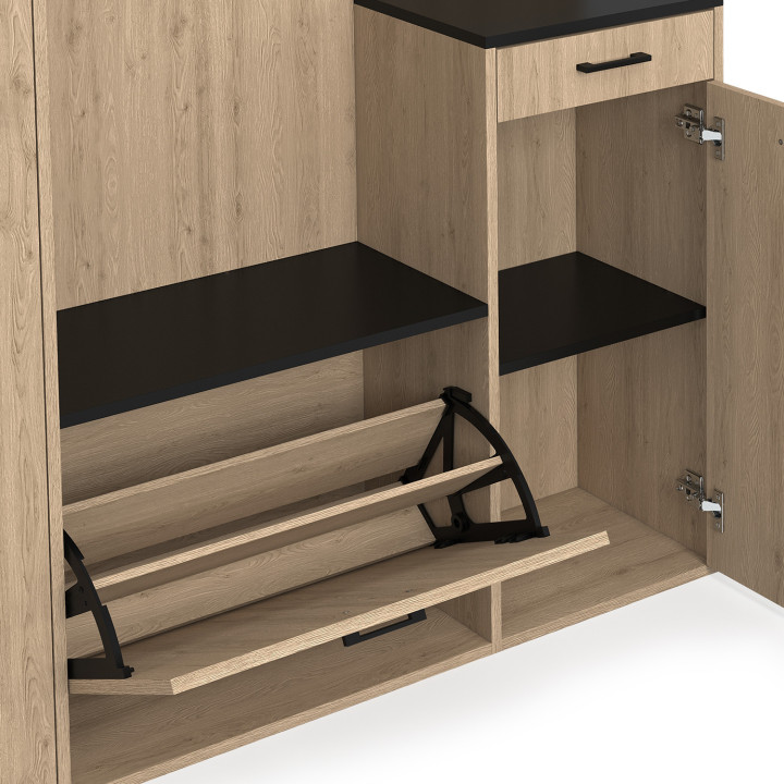 MAHAUT Armario zapatero de pasillo XXL de gran capacidad efecto madera y negro con espejo y estantes