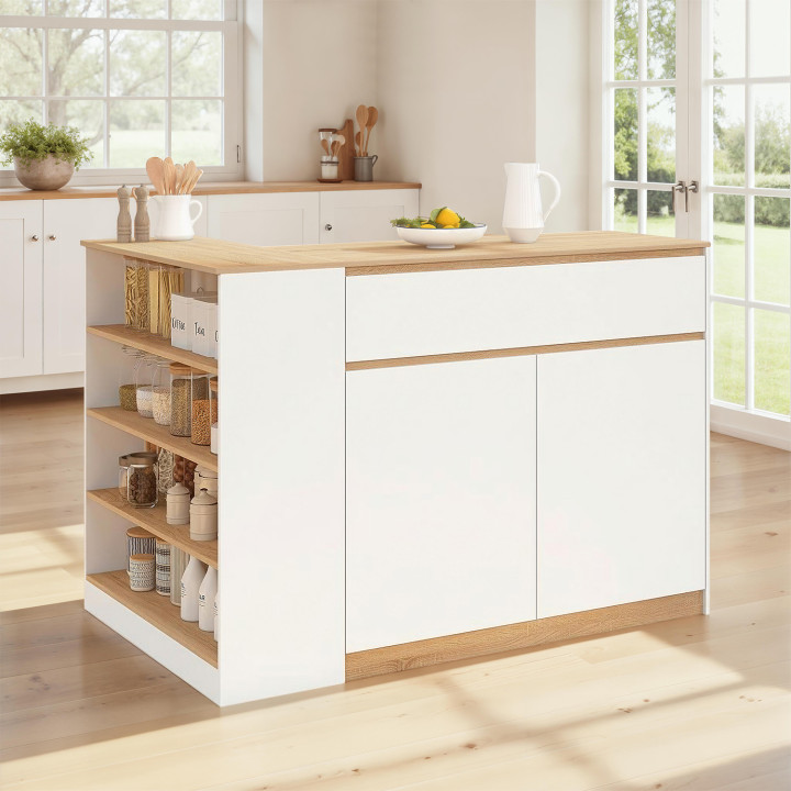Isola centrale TOMI 130 cm per 2 persone con doppio piano in legno bianco e piano di lavoro effetto faggio