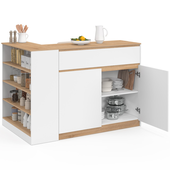 Isola centrale TOMI 130 cm per 2 persone con doppio piano in legno bianco e piano di lavoro effetto faggio