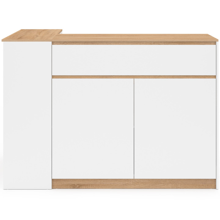 Isola centrale TOMI 130 cm per 2 persone con doppio piano in legno bianco e piano di lavoro effetto faggio